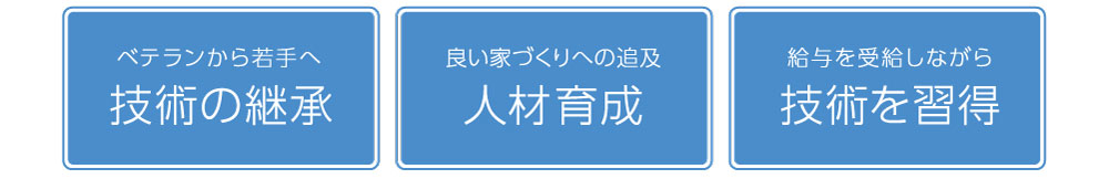 ベテラン大工から若手大工へ技術の継承、お客様に満足して頂ける家づくりへの追求、給料を受給しながら技術を習得できる