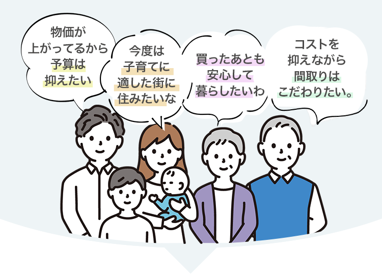 「物価が上がってるから予算は抑えたい」「今度は 子育てに適した街に 住みたいわ」「買ったあとも安心して暮らしたいわ」「コストを抑えながら間取りはこだわりたい」