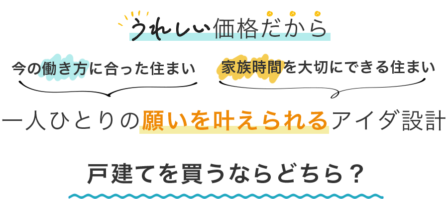 うれしい価格だから 今の働き方に合った住まい　家族時間を大切にできる住まい　一人ひとりの願いを叶えられる アイダ設計　「戸建てを買うならどちら？」